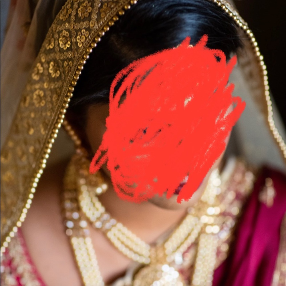 Red indian wedding lehengha.  Custom made, hand embroidered.  I am 5’1”, size 4